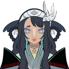 an anime character with long black hair and blue eyes wearing a white headdress