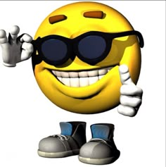 a yellow smiley face wearing sunglasses and giving the thumbs up with both hands while standing in front of a pair of gray tennis shoes