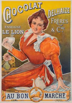 an advertisement for chocolate with a woman holding a cup