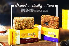 two boxes of granola, healthy clean and splendid energy bars