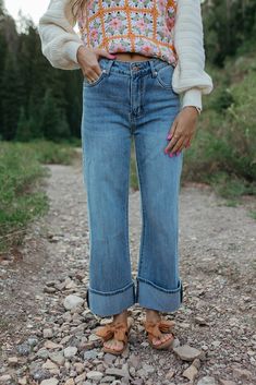 These Randi Roll Up Jeans in Light Wash are perfect for adding a fun touch to your wardrobe. With their rolled hem and straight leg design, these jeans are not only super cute, but also comfortable to wear. Make a statement in this trendy light wash style! Paired with THE KAYLOR CROCHET SWEATER IN IVORY and THE MAE POLKA DOT TOP IN IVORY Straight leg Light wash Sewed rolled hem Zip fly Button closure 75% cotton, 24% polyester, 1% spandex Runs true to size. Small (0-4), Medium (4-8), Large (8-12) Roll Up Jeans, Happy Threads, Summer Goddess, Rolled Up Jeans, Pink Desert, Exclusive Clothing, Leg Design, Rolled Hem, Swim Bottoms