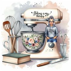 an old woman standing in front of a mixer with flowers on it and cooking utensils