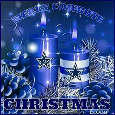 merry cowboys christmas card with two blue candles and pine cones on the bottom, surrounded by snowflakes