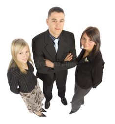 three business people standing in front of a white background