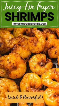 juicy air fryer shrimps on the grill with text overlay