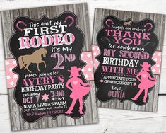 two pink and black cowboy themed birthday cards