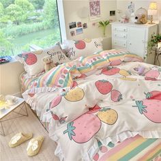 a bed room with a neatly made bed next to a window and a pair of slippers on the floor