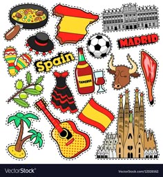 a bunch of stickers that are on the side of a white wall with buildings