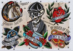 Peaky Blinders Traditional Tattoo Flash Print. I ship worldwide. Printed on thick textured paper. Find me on Instagram @kraggybdesign Peaky Blinders Tattoo, Traditional Tattoo Flash Sheet, Flash Sheet Tattoo, Sailor Jerry Flash, Traditional Tattoo Flash Sheets, Tattoo Wall Art, Nerd Tattoo, Flash Sheet, Tattoo Flash Sheet