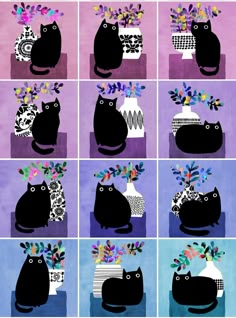 six different images of black cats with flowers in their hair and vases on their heads