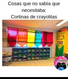 there is a classroom with colorful curtains in it