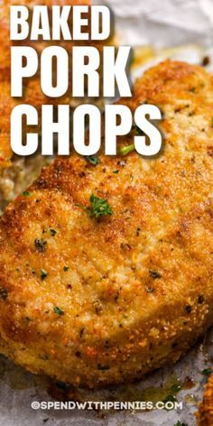 baked pork chops with parsley on top and the words baked pork chops above it