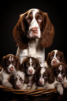 a brown and white dog sitting in front of a basket with six puppies inside