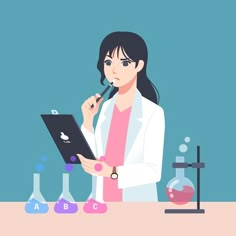 a woman in a lab coat is writing on a clipboard and holding a pipe