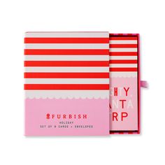 a pink and red striped notebook with the words furrishh on it's cover