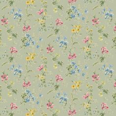 a floral wallpaper with many different colored flowers on the side and green back ground