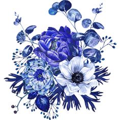 blue and white flowers are arranged in the shape of a bouquet on a white background