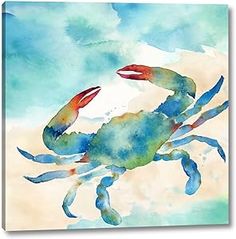 a painting of a blue crab on a white and green background with watercolors