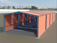 an orange and blue building with doors on the side is shown in this 3d image