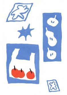 a drawing of apples, pears and star shapes