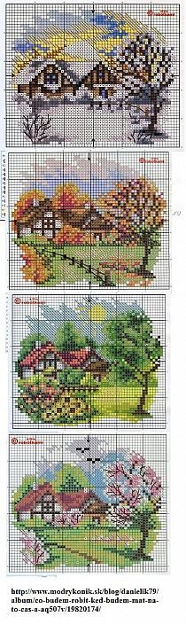 four cross stitch patterns with trees and mountains in the background, each showing different colors