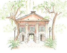 a drawing of an old building with trees around it