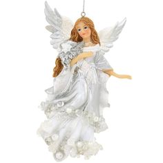 a white angel ornament hanging from a chain on a white background with pearls