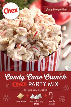 candy cane crunch chex party mix is in a red and white striped box with candy canes