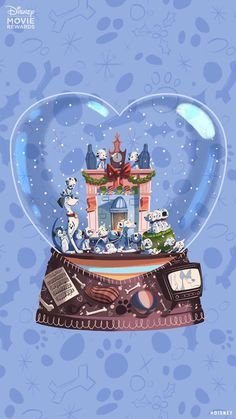 a snow globe filled with lots of animals inside of it on top of a blue background