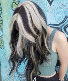 Brunette Hair With Chunky Blonde Highlights, Blonde Hair Brown Stripes, White Strands In Brown Hair, Black Hair With White Strands, White Strands On Black Hair, Dark Brown And Blonde Hair Ideas, White Strands Hair, White Highlights Brown Hair, Brown Hair With White Streak