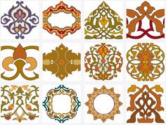 an assortment of ornamental designs in various colors and sizes, including the letter o on each side