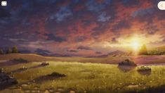 a painting of the sun setting over a field with trees and flowers in it,