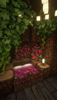 a minecraft bedroom with a bed, table and lamps on the nightstands in front of it