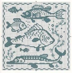 a cross stitch pattern with fish and seaweeds on the bottom, in blue