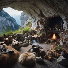 there is a fireplace in the cave with many items around it and other things on the ground