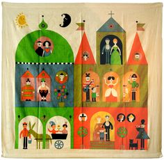 this is an image of a wall hanging with people and houses on it in different colors