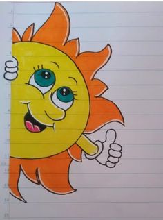 a drawing of a cartoon sun giving the thumbs up sign with his right hand on lined paper