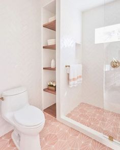 a white toilet sitting next to a walk in shower