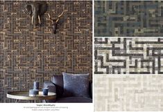 the wall paper is designed to look like woven fabric with an animal head on it