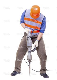 a man in an orange helmet is using a driller on a white background stock photo