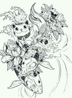 a black and white drawing of a fish with flowers in it's back end