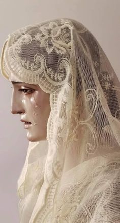 a woman wearing a veil with white lace on it