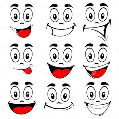 cartoon faces with different expressions and eyes, all in black and red colors on a white background