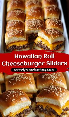 hawaiian roll cheeseburger sliders in a baking pan with sesame seeds on top