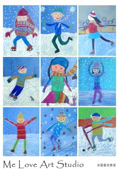 children are playing in the snow while wearing winter clothes and hats with their hands up