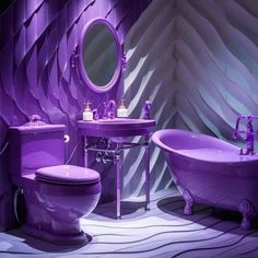 a bathroom with purple walls and flooring