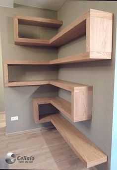 the corner shelves are made from wood and have no doors or drawers on each side