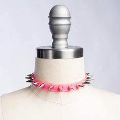 Apatico - Neon Spiked Choker Collar - Pink - Green - Pvc - Blacklight Punk Choker With Spikes, Punk Halloween Festival Choker, Punk Choker For Halloween Festival, Gothic Spiked Choker For Festivals, Adjustable Punk Choker For Cosplay, Adjustable Punk Style Choker For Cosplay, Adjustable Emo Choker For Cosplay, Emo Adjustable Choker For Parties, Adjustable Punk Choker For Alternative Fashion