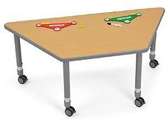 a rectangular table with wheels on each side and two different colored objects on the top