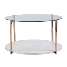 a glass and metal coffee table with a circular base on white marbled surface, viewed from the front